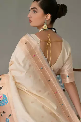 cream silk blend paithani woven saree with blouse