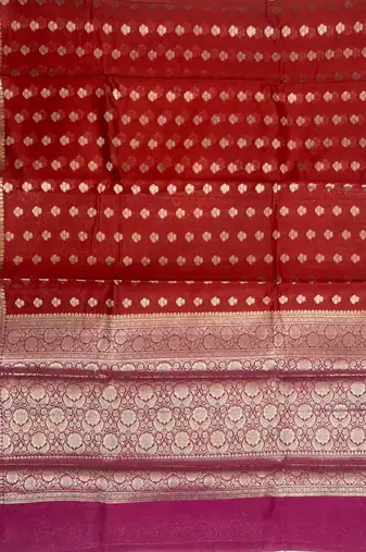 Banarasi cotton silk saree in red  with   zari booti   work