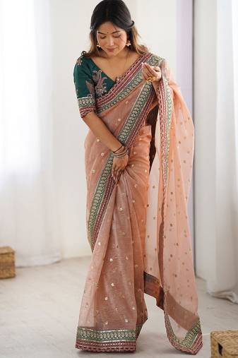 Peach banarasi crush coding with sequins embroidery work saree with blouse