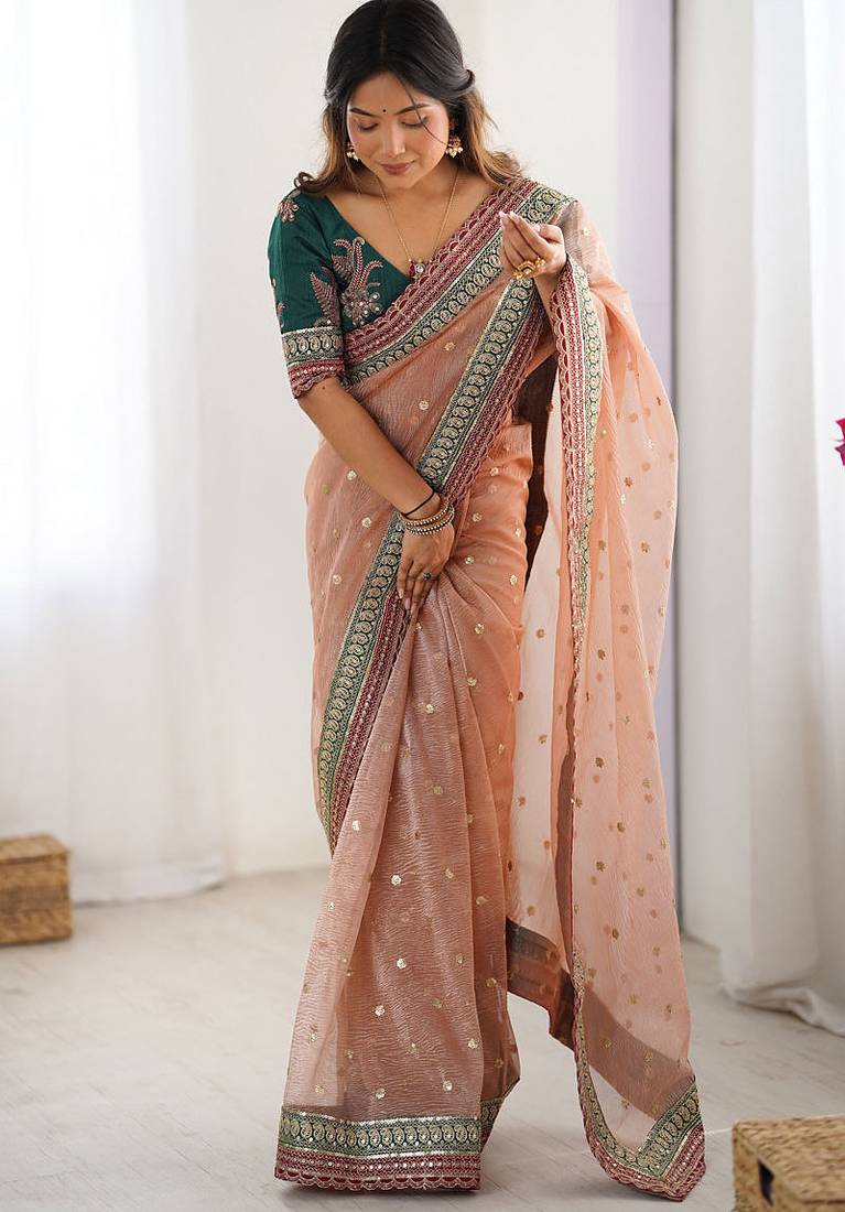 Peach banarasi crush coding with sequins embroidery work saree with blouse