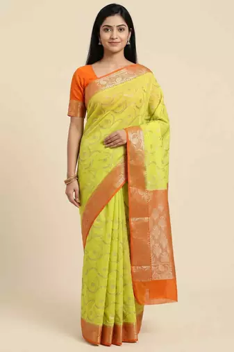 Banarasi cotton silk saree in lemon with floral zari booti   work