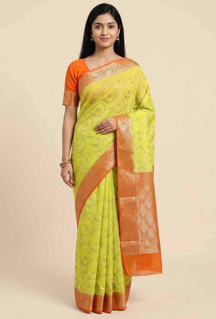 Banarasi cotton silk saree in lemon with floral zari booti   work