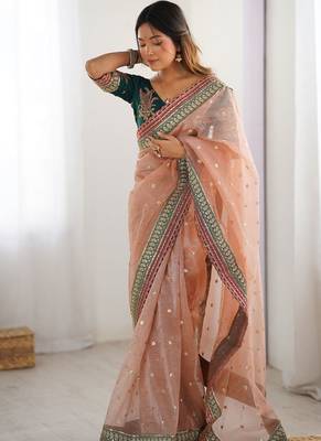 peach crush coding with sequins embroidery work saree with blouse 2