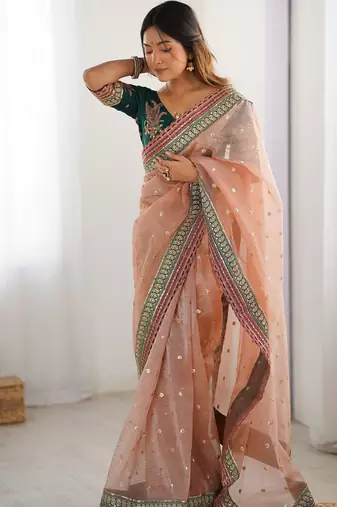 peach crush coding with sequins embroidery work saree with blouse