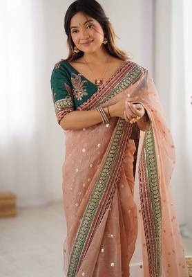 peach crush coding with sequins embroidery work saree with blouse 3
