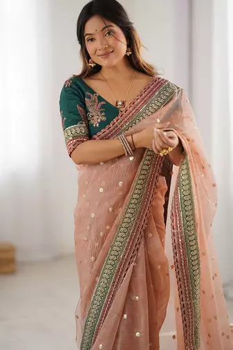 peach crush coding with sequins embroidery work saree with blouse
