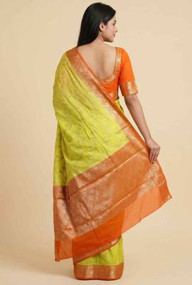 Banarasi cotton silk saree in lemon with floral zari booti   work 2