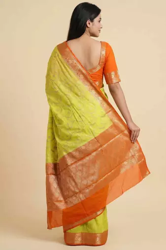 Banarasi cotton silk saree in lemon with floral zari booti   work