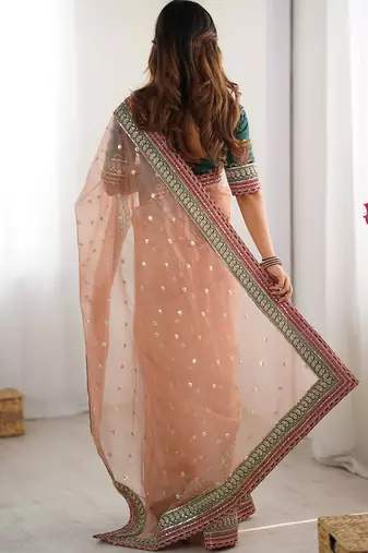 peach crush coding with sequins embroidery work saree with blouse