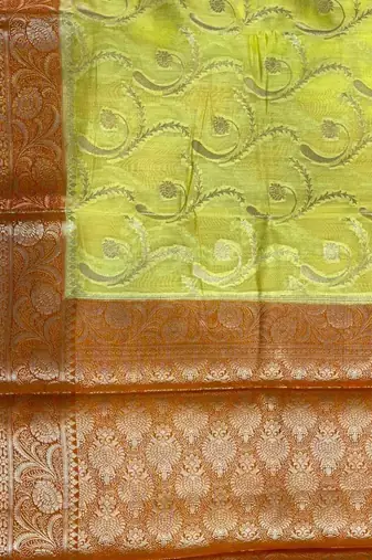 Banarasi cotton silk saree in lemon with floral zari booti   work