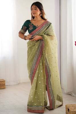 light green crush coding with sequins embroidery work saree with blouse 1