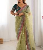 Light green banarasi crush coding with sequins embroidery work saree with blouse