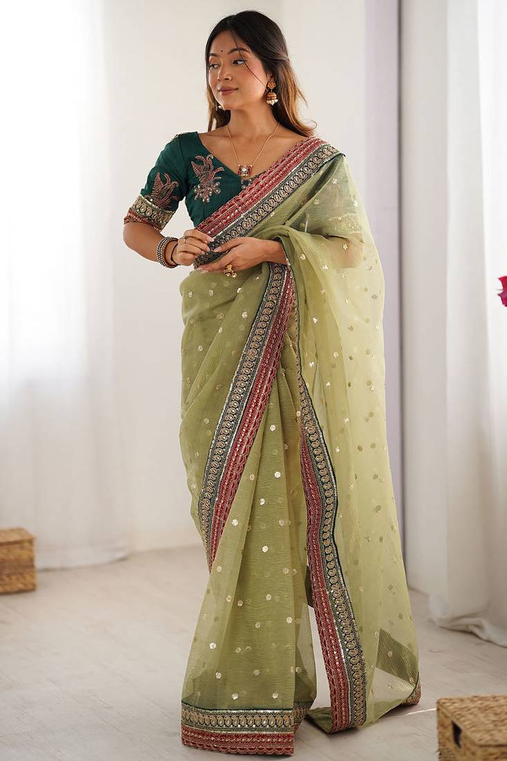 Light green banarasi crush coding with sequins embroidery work saree with blouse