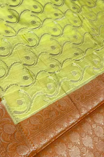 Banarasi cotton silk saree in lemon with floral zari booti   work