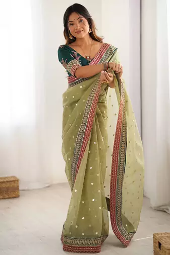 light green crush coding with sequins embroidery work saree with blouse