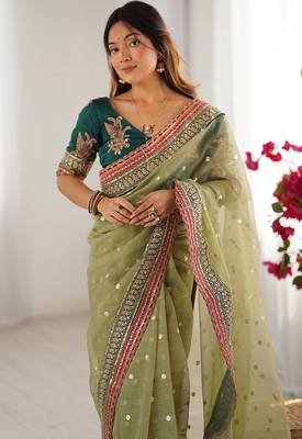 light green crush coding with sequins embroidery work saree with blouse 3