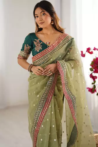 light green crush coding with sequins embroidery work saree with blouse