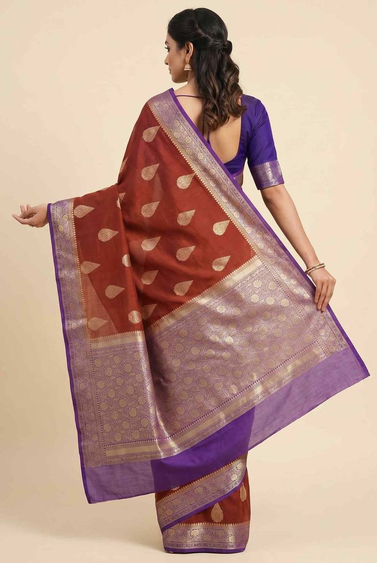 Banarasi cotton silk saree in maroon  with panboota  zari work