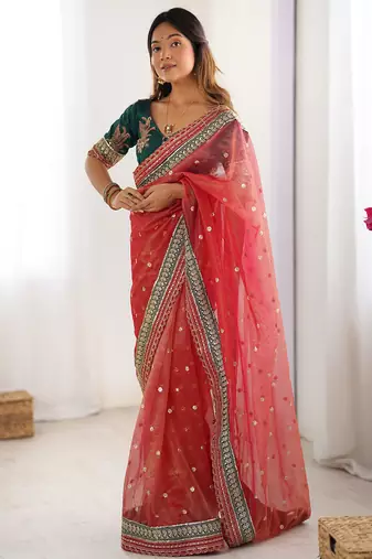 red crush coding with sequins embroidery work saree with blouse