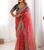 Red banarasi crush coding with sequins embroidery work saree with blouse