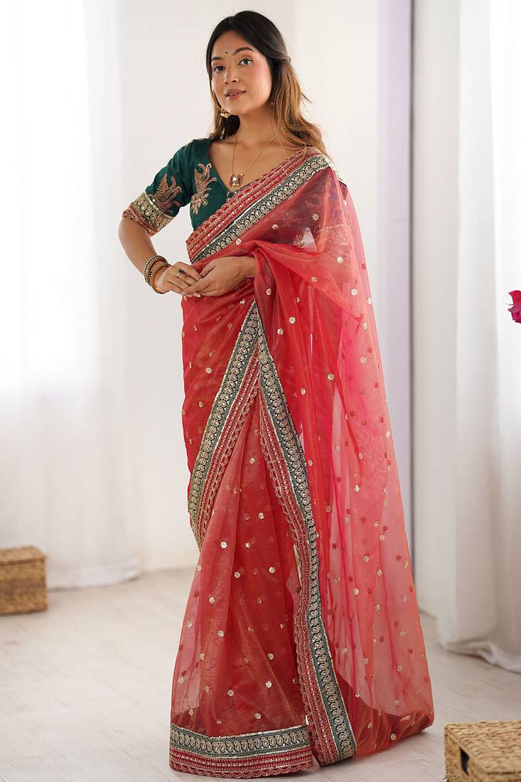 Red banarasi crush coding with sequins embroidery work saree with blouse