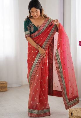 red crush coding with sequins embroidery work saree with blouse 2