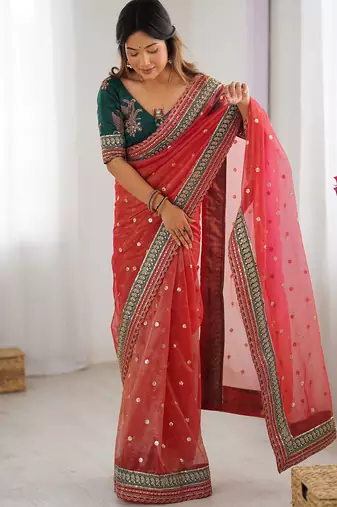 red crush coding with sequins embroidery work saree with blouse