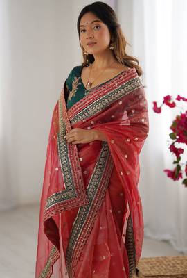 red crush coding with sequins embroidery work saree with blouse 3
