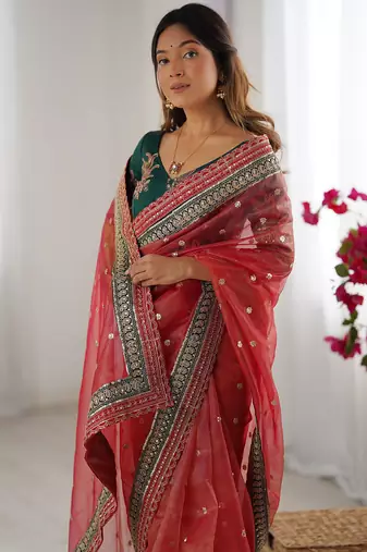 red crush coding with sequins embroidery work saree with blouse