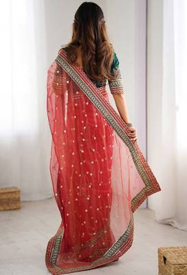 red crush coding with sequins embroidery work saree with blouse 4