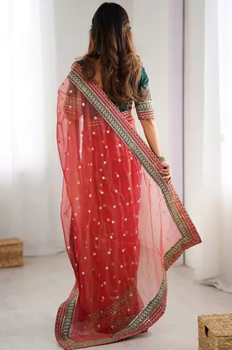 red crush coding with sequins embroidery work saree with blouse