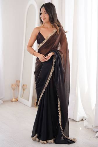 black fendi satin double shaded sequins with zari lace work saree with blouse