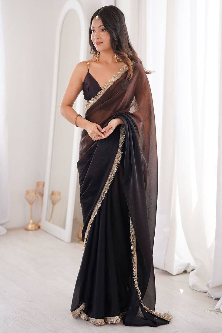 black fendi satin double shaded sequins with zari lace work saree with blouse