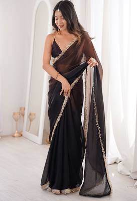 black fendi satin double shaded sequins with zari lace work saree with blouse 2