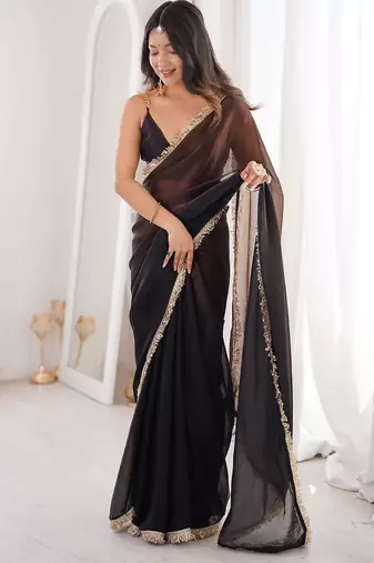 black fendi satin double shaded sequins with zari lace work saree with blouse