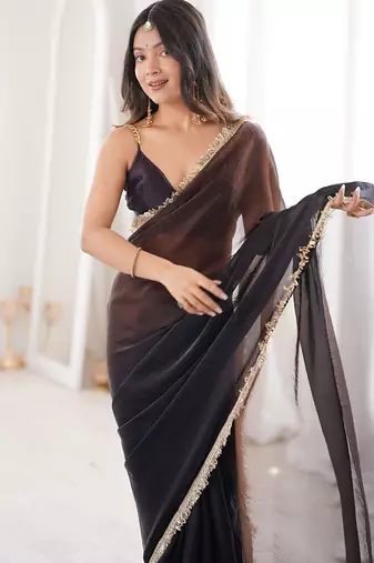 black fendi satin double shaded sequins with zari lace work saree with blouse