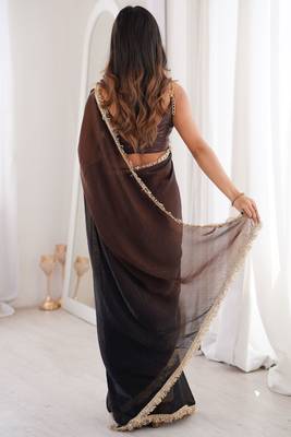 black fendi satin double shaded sequins with zari lace work saree with blouse 4