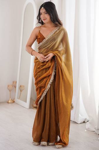 copper fendi satin double shaded sequins with zari lace work saree with blouse