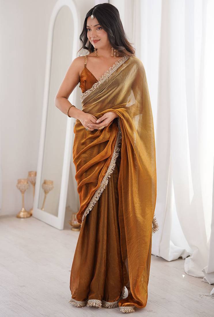 copper fendi satin double shaded sequins with zari lace work saree with blouse