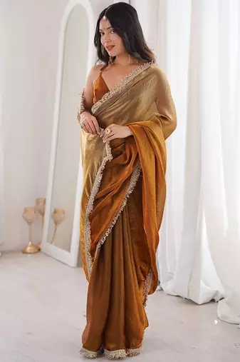 copper fendi satin double shaded sequins with zari lace work saree with blouse