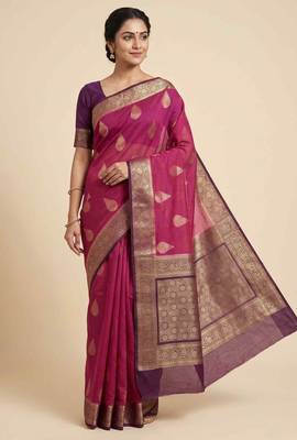 Banarasi cotton silk saree in rani pink with panboota  work 1