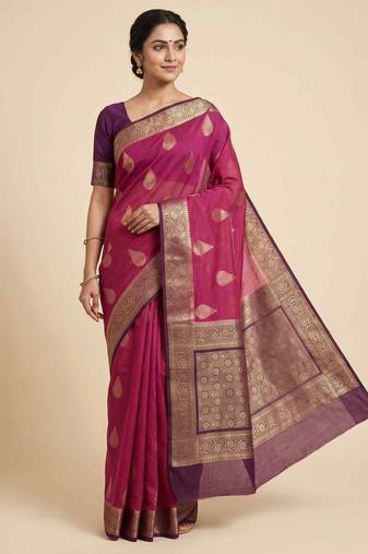 Banarasi cotton silk saree in rani pink with panboota  work