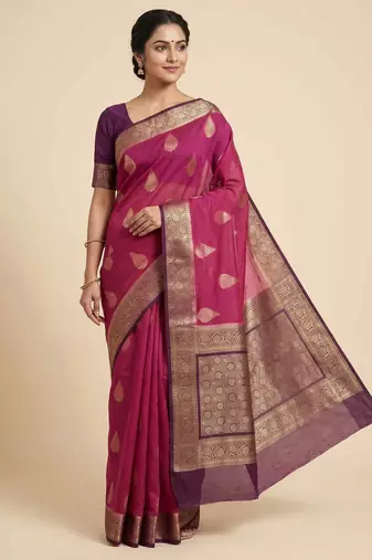 Banarasi cotton silk saree in rani pink with panboota  work