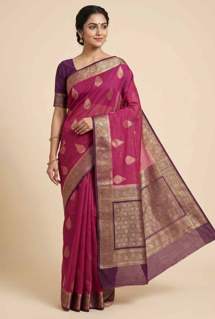 Banarasi cotton silk saree in rani pink with panboota  work