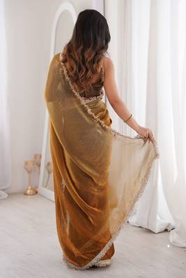 copper fendi satin double shaded sequins with zari lace work saree with blouse 4