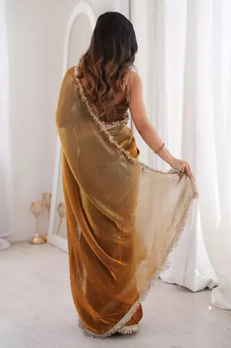 copper fendi satin double shaded sequins with zari lace work saree with blouse