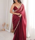 maroon fendi satin double shaded sequins with zari lace work saree with blouse