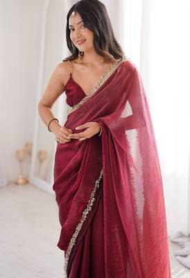 maroon fendi satin double shaded sequins with zari lace work saree with blouse 3