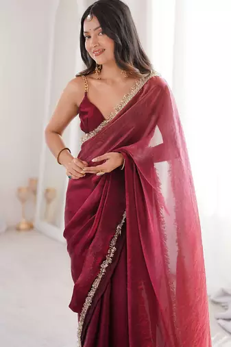 maroon fendi satin double shaded sequins with zari lace work saree with blouse