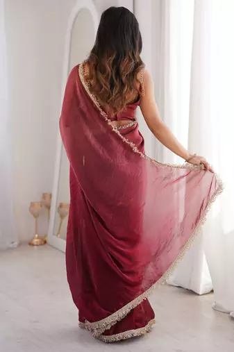 maroon fendi satin double shaded sequins with zari lace work saree with blouse